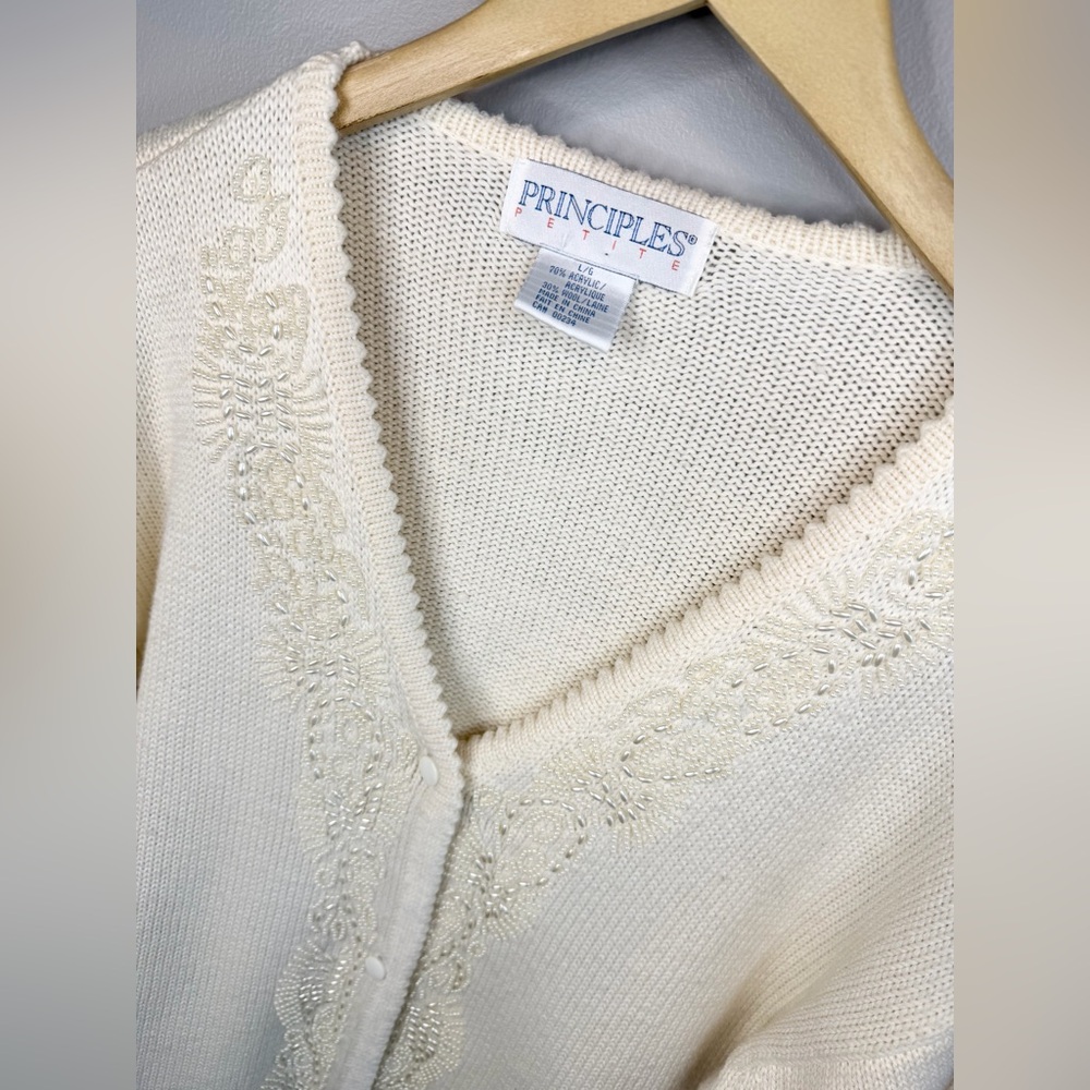 Vintage Sweater 70s Hand Beaded Cardigan Sweater Pearl Wool Cream The Bay